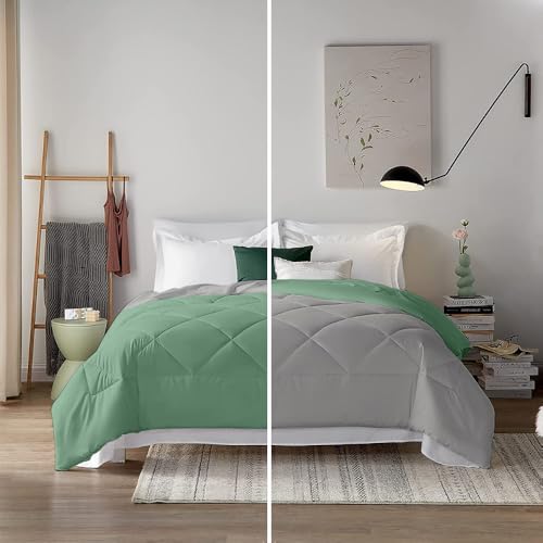 Image of Filbert 600 GSM Comforter for Double Bed | Super Warm Winter Quilt /Rajai | Thick Microfiber Blanket with Cloud-Soft Fill | Luxury Bedding for Winters - 90x100 Inch | Sage /Silver