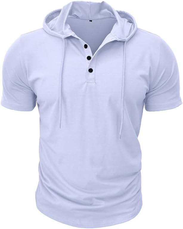 Men's Casual Short Sleeve Hoodie Pullover with Buttons and Drawstring Soft Muscle Fit Athletic Workout Top