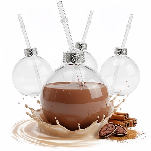 Novaliv Lot de 4 Tasses de Vin Chaud Personnalisables 400 ml - Avec Paille - Boule de Noël Comme Gobelet - Motif Sapin - Chauffe-mains