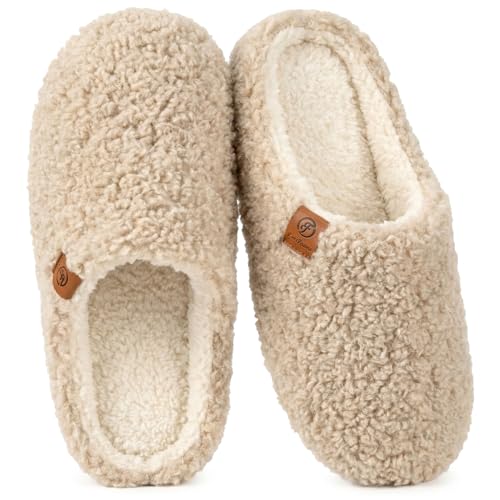 EverFoams Women’s Fuzzy Slippers Slip-On Memory Foam Khaki,9-10 US - image 1
