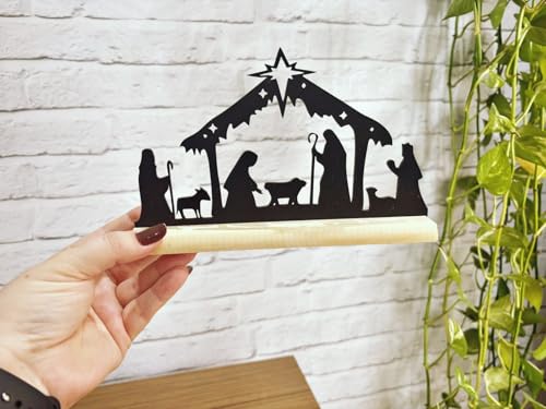 Presépio de Natal Enfeite Decoração de Mesa Natalina em MDF Preto com Base em madeira Pinus P2
