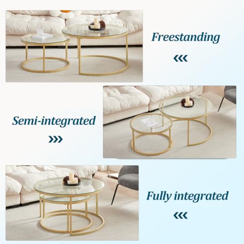 Miniatura 5 de Hjhomeheart Conjunto De 2 Mesas De Centro Redondas, Mesas De Centro, Grande: 80 X 80 X 45 Cm Pequeña: 60 X 60 X 35 Cm, Mesa Auxiliar Redonda, Tapa De Mesa De Vidrio Templado