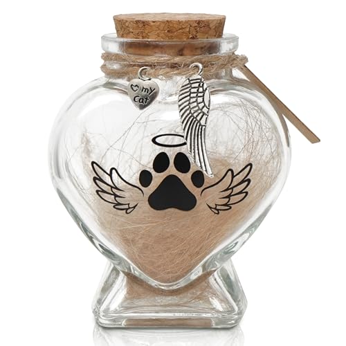 HAMUIERS Pet Memorial Gift for Loss of Cat Heart Shape Glass Jar & Bottle for Fur Hair Whiskers or Ashes Keepsake Urn with Cork Top Charms for Cute Rainbow Bridge Memorial