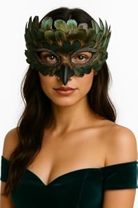 MIMIKRY Maske Pfau Rabe Krähe mit grün-blau schimmernden Federn Vogelmaske Maskenball Vogel Pfauenmaske Augenmaske