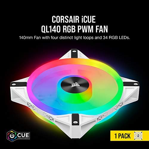 Corsair iCUE QL140 RGB, 140 mm RGB LED PWM Fan (34 Individually Addressable RGB LEDs, Speeds Up to 1,250 RPM, Low-Noise) Single Pack - White