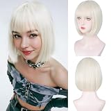 Aida ble Platinum Blonde Bob Wigs - 12in Short Platinum Blonde Bob wig With Bangs Super Soft and Easy to Wear Straight bob Wig, Colorful Synthetic Wig for Daily, Cosplay, Halloween