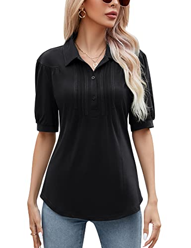Women's Short Sleeve Tops V Neck Collared Business Casual Polo Shirts Soft Button Down Tunic Blouse Black L #TOP10