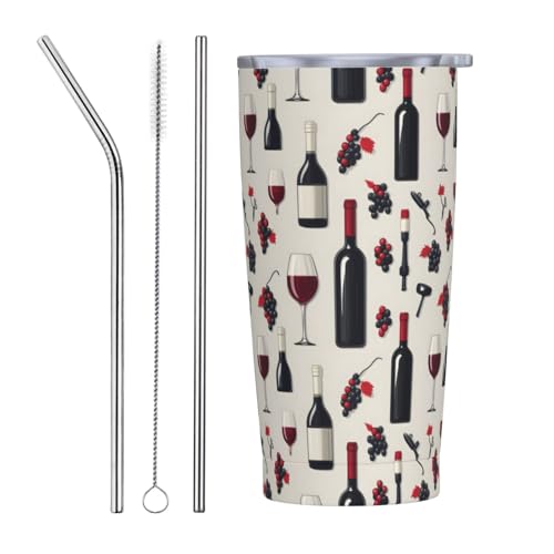 Moderno vaso con impresión de botella de vino con tapa y popote, vasos aislados de acero inoxidable de 20 onzas, vaso de café personalizado para viaje, botella de agua