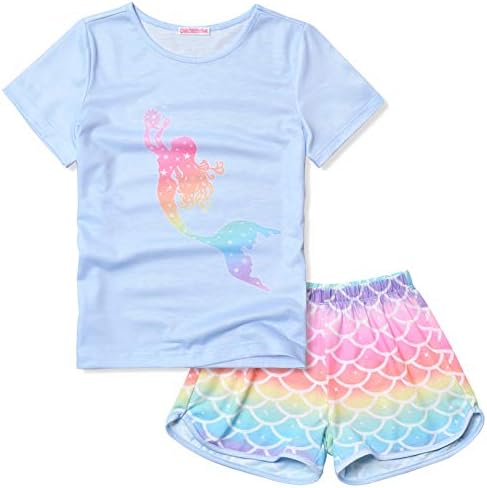 CHILDRENSTAR Girls Mermaid Pjs Pajama Sets Kids Short Sleeve Summer Cotton Sleepwear,Size 6 7