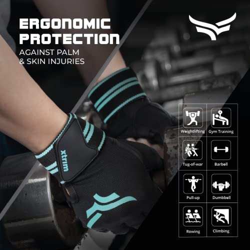 XTRIM X-Macho Leather Gym Gloves for Men & Women with Wrist Support Accessories for Weightlifting, Hand Exercise Gloves with Half-Finger Length for Gym Workout (M, Fits 7.5-8 Inches,Blue-Black) (Image - 6)