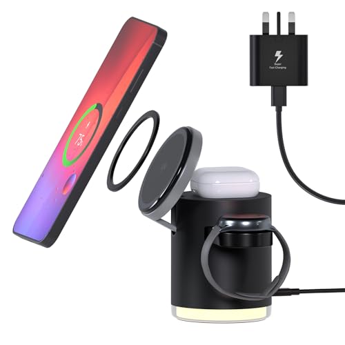 Wireless Charging Station for Samsung by MMOBIEL – 4 in 1 Qi2 Certified Magnetic Phone Fast Charger Stand for Samsung Galaxy S25/S24/S23/S22 Series, Watch 7/6/5, Buds – Incl. 25W Adapter - Black