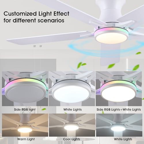 Image of 52 inchWhite Modern Low Profile RGB Ceiling Fans with Lights and Remote /APP | 14 RGB Modes,Supports Remote and APP,6 Wind Speeds, Reversible, Dimmable 3 CCT LED, 30W DC Motor,Suits for Bedroom Kidsroom