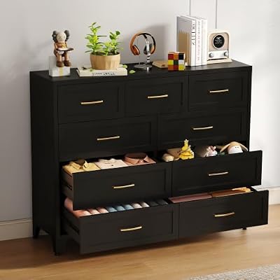 Reegangfa Dresser for Bedroom, Chest of Drawers, 9 Drawers Metal Dresser with Anti-Tipping Device, Dresser for Living Room, Entryway, Hallway (Black)