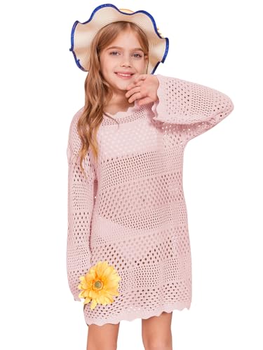 Image of Batermoon Girls Crochet Long Sleeve Swimsuit Cover Up Kids Fashion Hollow Out Swimwear Beach Dress 5-14 Years