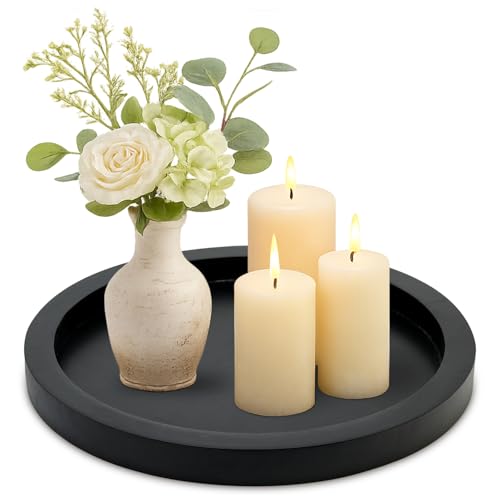 Round Decorative Tray for Coffee Dining Table Countertop Small Wooden Serving Trays Farmhouse Kitchen Home Living Room Decor and Bathroom Accessories Tray Black Rustic Wood Candle Centerpiece Trays