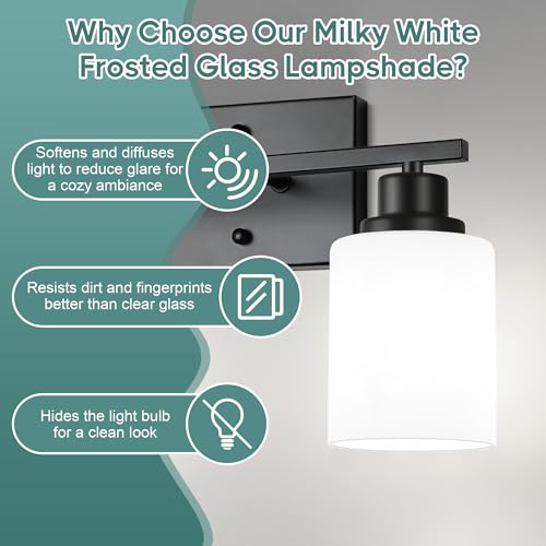 Image of Ascher Bathroom Light Fixtures, 2-Light Vanity Light Over Mirror, Matte Black Wall Sconces with Milky White Frosted Glass Shades, Wall Lamp for Living Room Bedroom, E26 Base(Bulbs Not Included)