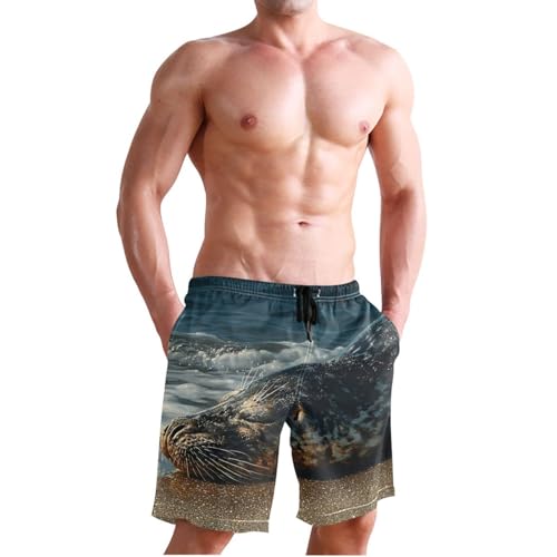 Men's Swim Trunks Beach Seal Print, Quick Dry Beach Board Shorts with Lining-S3