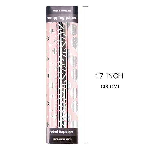 Lezakaa Pink Wrapping Paper Roll - Mini Roll - Balloon/Star/Strip For Birthday, Baby Shower, Bridal Shower - 17 X 120 Inches - 3 Rolls (42.5 Sq.ft.ttl.) #TOP1