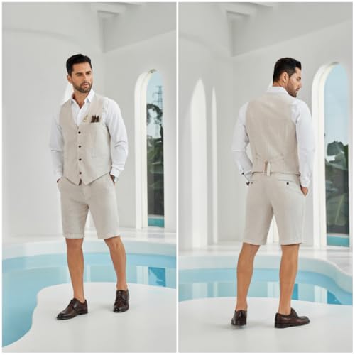 Men Suit Linen Set Vest and Pants Slim Fit Outfit 2 Pieces Casual Style Homecoming Summer Wedding Stylish4