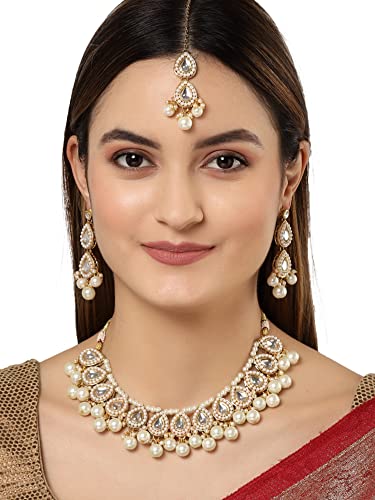 Karatcart Gold Plated Pearl and Drop Kundan Studded Choker Necklace Setfor Women - Image 3