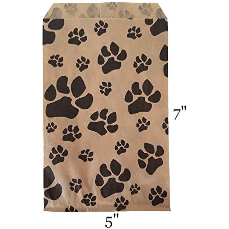 N'ice Packaging 100 Bags Flat Plain Paper or Patterned Bags for candy, cookies, merchandise, pens, Party favors, Gift bags (5 x 7, Paw Print)