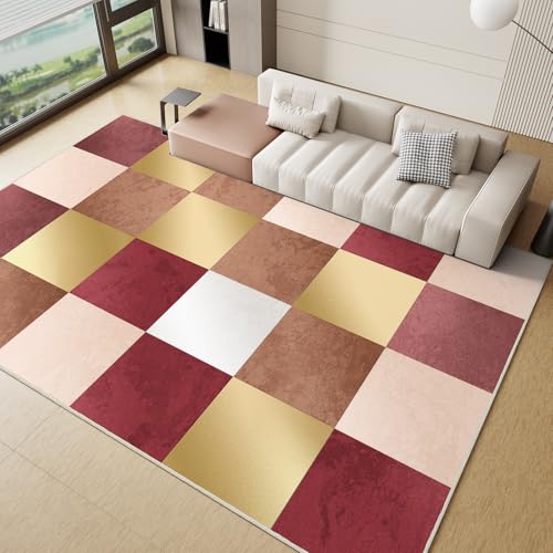 GEMBED Modern Area Rug - Geometric Rug for Bedroom Living Room, Machine Washable Rug Soft Non Slip Non Shedding, Checkered Rugs for Teen Dorm Home Decor Aesthetic, Nursery, Playroom, Red Gold, 9'x12'