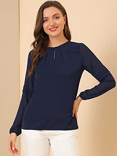 Allegra K Women's Work Tops Chiffon Shirt Semi Sheer Keyhole Neck Elegant Blouse Medium Dark Blue #TOP1