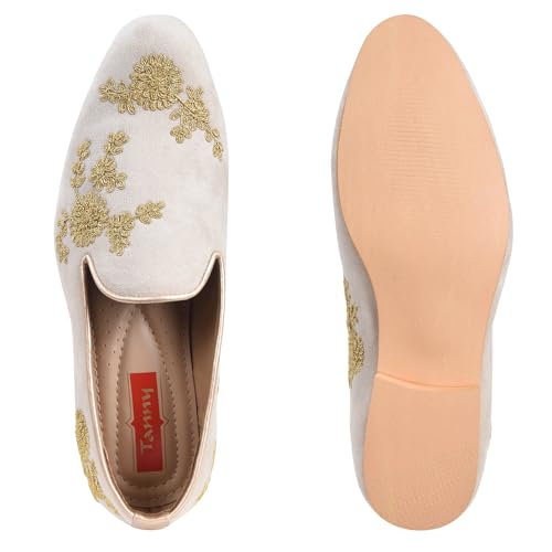 Tanny Shoes Men's Fabric Matarial Off White Ethnic Shoe for Weeding Party (numaric-8)
