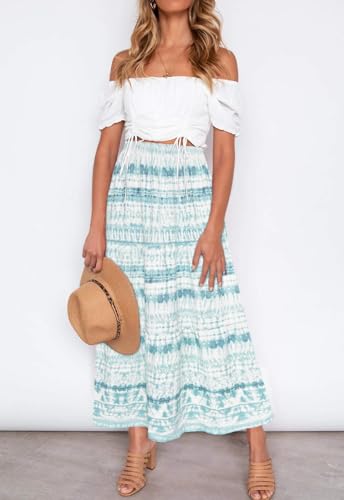 Image of Annebouti Womens Spring Summer Boho Elastic Long Skirts High Waist Pleated A Line Tiered White or Black Maxi Skirt