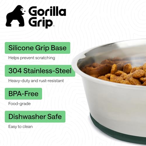 Image of GORILLA GRIP Dog Bowls, Food Grade 304 Stainless Steel, Holds 2 Cups Each (16 fl oz) Food and Water Bowl for Feeding Dogs and Cats, Dishwasher Safe, Rust Resistant, BPA Free Rubber Base Set of 2 Green