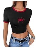 Verdusa Women's Graphic Tee Embroidery Vintage Top Contrast Trim Ribbed Round Neck T Shirt Black Medium
