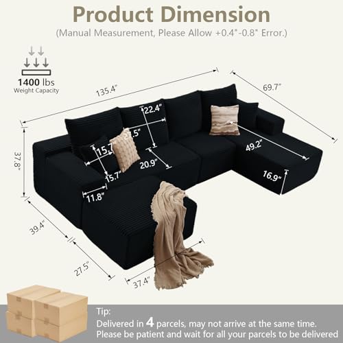 Image of Lakifun 135 inch U-Shape Cloud Couch, Modern Modular Sectional Comfy L-Shape Sofa with Ottoman, Deep Seat, Upholstered Corduroy Sleeper Chaise Longue for Living Room Bedroom, No Assembly Required, Black