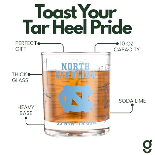 Image of Greenline Goods University of North Carolina Tar Heels Whiskey Glasses Set of 2, 10 oz Rocks Glasses with Full-Color Logo & Campus Map - Officially Licensed Bourbon Glass Gift for Alumni & Fans