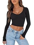 REORIA Women's V Neck Long Sleeve Slim Fitted Crop Tops Soft Layering Basic Shirt 2024 Fall Going Out Top Black