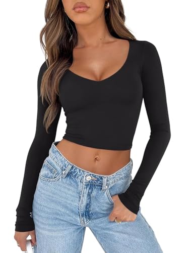 REORIA Women's V Neck Long Sleeve Slim Fitted Crop Tops Soft Layering Basic Shirt 2024 Fall Going Out Top