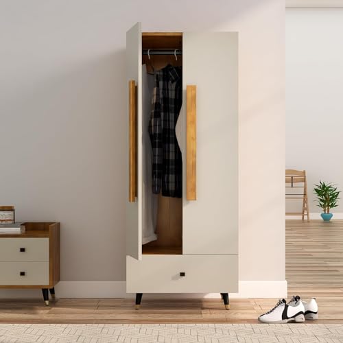 Image of Bniture Wooden Almirah for Clothes, Door for Bedroom, 2 Door Wardrobe with Drawer & Hanging Space (45D x 60W x 150H CM) | 3 Year Warranty (Giant Wood & Frosty White)