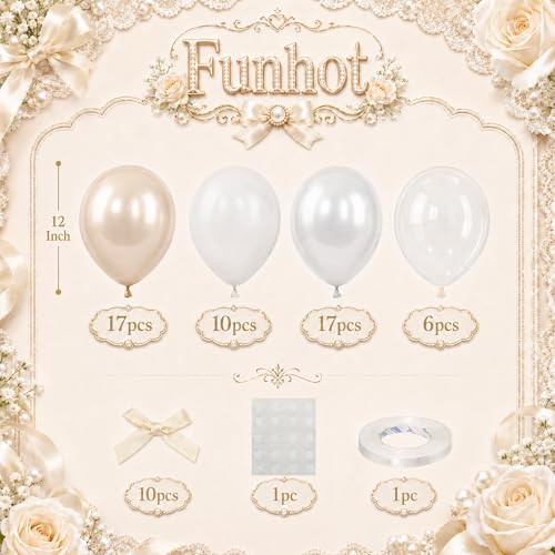 Image of Pearl White Balloons with Bow, 50Pcs 12 Inch Pearl Sand Transparent Latex | Beige Cream Sand Pearl Clear Balloons for Boho Bridal Wedding Anniversary Birthday Baby Shower and Bachelor Party Decor