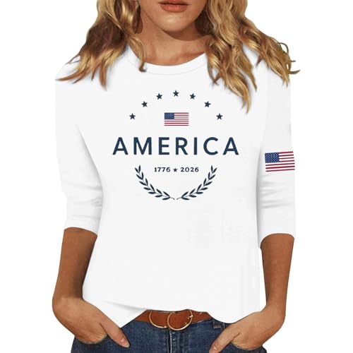 Image of Graphic Split Sleeve Independence Day T-Shirt - Casual Crew Neck Shirt for Women Comfortable Holiday Cut Versatile Match with Jeans or Skirts Ideal for Everyday Office Holiday, White, S