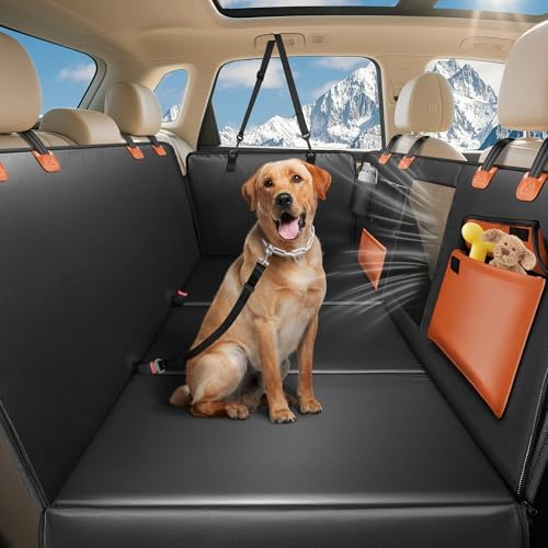 MellowMates 137x64cm Hundedecke für Auto, wasserdicht, PU-Leder, Orange | Erweiterte PU-Leder Auflage mit Seitenschutz und Sichtfenster, die wasserdicht und kratzfest. Geeignet für