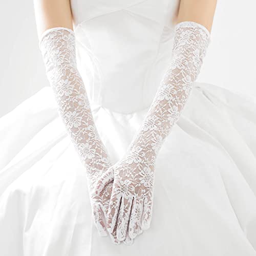 Campsis Floral Lace Gloves Long White Lace Gloves Wedding Opera Party 1920S Flapper Lace Glove For Dinner Parties thumb #6