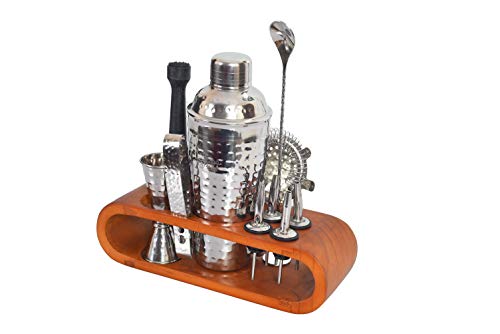 Taluka Bar Set For Drink Mixing Bar Tools: Cocktail Shaker, Jigger, Strainer, Bar Mixer Spoon, Ice Tongs, Bottle Opener, Pourer, Muddler, Joint Less Wooden Stand (Hammered Stainless Steel) #TOP1
