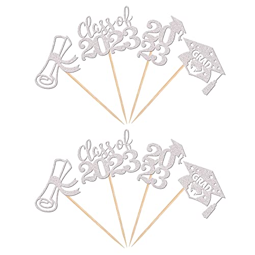 24 Pcs 2023 Graduation Cupcake Toppers Glitter Class Of 2023 Diploma Grad Cap Cupcake Picks 2023 Graduation Theme Party Cake Decorations Supplies Silver #TOP3