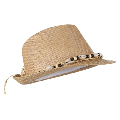 Straw Fedora Sun Hat UV Protection Short Brim Beach Hat Adjustable Trilby Hats for Men Women Khaki