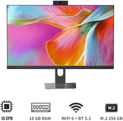 Cybrimax All in One Desktop Computer, 24" Display, i5 CPU Up to 3.3 GHz, 16GB RAM, 256 GB SSD, Privacy Protection Webcam, WiFi 6 + BT 5.3, Win11 Home, Black