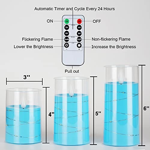 Amagic Flameless Candles With Flickering String Lights, Led Candles, Battery Operated Candles, Embedded String Light Candle With Remote And Timers For Home Decoration, Sky Blue, Set Of 3 #TOP5