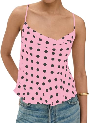 TERIVEEK Womens Polka Dot Tank Tops Cowl Neck Ruffle Blouse Tie Back Sleeveless Asymmetrical Hem Shirt Going Out Tops Pink