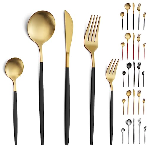 Pleafind Besteck Set, 30 teilig Besteck Set 6 Personen, Besteckset aus Edelstahl, Besteck Schwarz Gold Matt, Bestecksets, Essbesteck, Besteck mit...