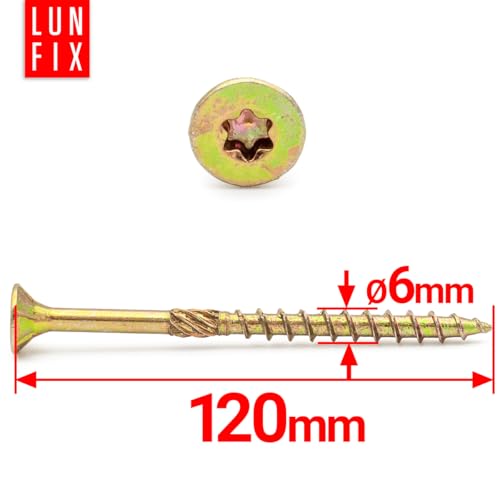 Miniatura 2 de Tornillos Para Madera 6.0x120 Mm Tx25, 100 Unidades, Cabeza Avellanada Con Fresas, Acero Zincado Amarillo, Tornillos Universales Torx Autorroscantes Para Madera, Construcción, Carpintería, Lun Fix