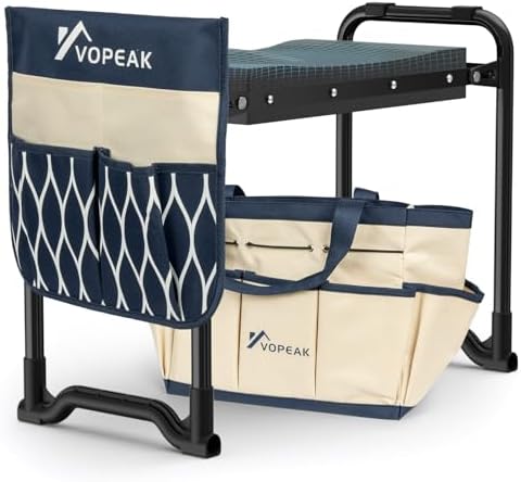 VOPEAK Garden Kneeler and Seat Heavy Duty, Foldable Garden Stool with Upgraded Widened Thick Kneeling Pad, Stable Garden Kneeler with 2 Large Tool Bags, Gardening Gifts for Women, Men, Seniors, Blue