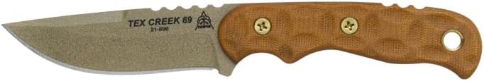 TOPS Knives Tex Creek 69 Full Tang Fixed Blade- Coyote Tan Coating Blade Finish- Brown Leather Sheath w/Belt Loop (Tan Canvas Micarta Handle)